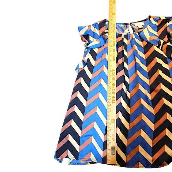 Liz Claiborne XL Chevron Ruffle Cap Sleeve Blouse Blue Black Geoprint Tunic - Picture 6 of 8